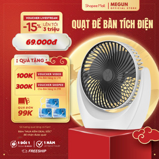 Quạt mini để bàn MEGUN tích điện động cơ không tiếng ồn 2 chế độ gió, xoay linh hoạt 210 độ pin