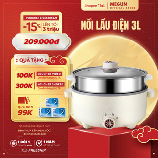 Nồi Lẩu Điện Đa Năng 2 Tầng MEGUN kèm giá hấp 28 cm tráng men chống dính công suất 1000W