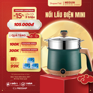 Nồi Lẩu Điện Mini Nấu Mì 2 Tầng MEGUN Kèm Giá Hấp Đa Năng, Nướng, Luộc, Chiên, Chống Dính Vấn Đá Tiện Lợi