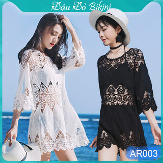 Áo ren áo lưới đi biển chất đẹp mềm mại, dáng chui đầu tay dài, phối đồ cùng bikini, áo croptop rất xinh, dễ mặc | AR003