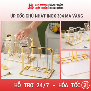 Úp cốc chữ nhật kèm khay, giá úp cốc inox 304 mạ vàng cao cấp không hoen gỉ I Khay úp cốc mạ vàng