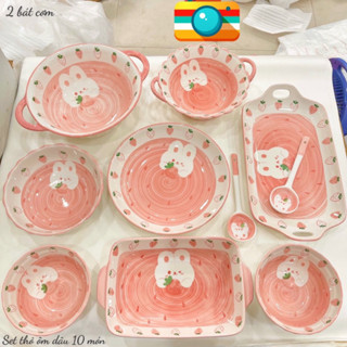 Bộ Bát Đĩa Gốm Sứ Decor, Bát Ăn Cơm, Bát Ăn Chè, Chén Dĩa Dễ Thương Sét Bát Đĩa Thỏ Ôm Dâu Hồng Đáng Yêu