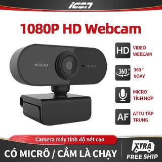 Webcam máy tính có micrô, hỗ trợ quay video trực tuyến độ phân giải 1080p, kết nối qua cổng USB và có khả năng xoay 360