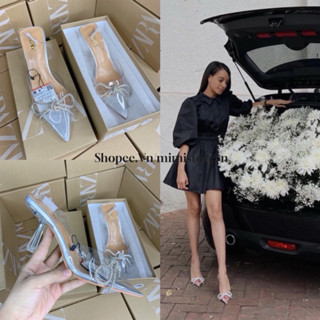 Giày cao gót ZR 8cm quai trong dây nơ mũi bạc slingback fullbox MS-7151