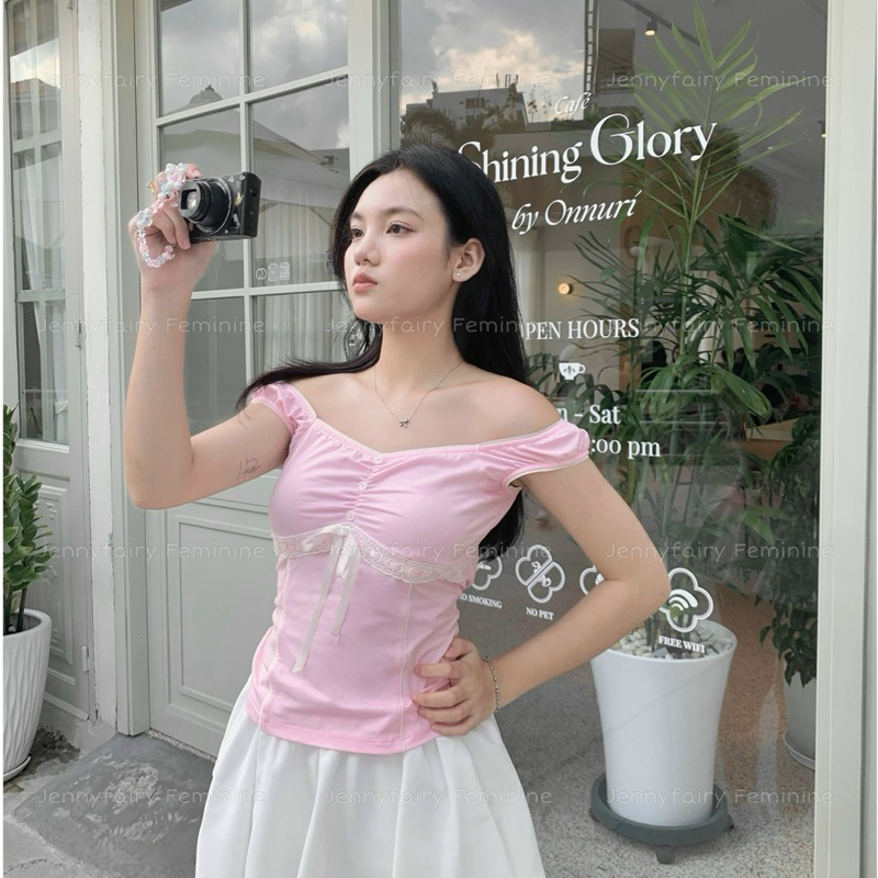 Áo thun hồng kiểu tiểu thư phối ren nơ phong cách coquette, y2k- Jenny Fairy