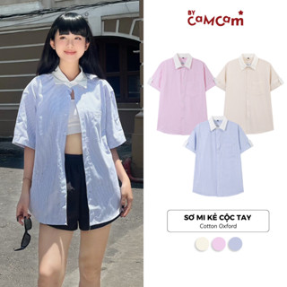 Áo Sơ Mi Bycamcam Kẻ CỘC TAY Vải Oxford Phối Cổ Trắng Dáng Rộng Phong Cách Hàn Quốc.