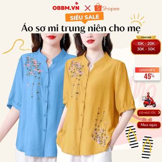 Áo trung niên nữ, áo sơ mi đũi cao cấp thanh lịch, tặng mẹ đi chơi ms516