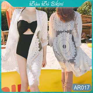 Áo lưới nữ đi biển mặc cùng bikini, áo ren khoác ngoài dáng dài qua gối, họa tiết hoa chuẩn đẹp, mẫu mới 2024 | AR017