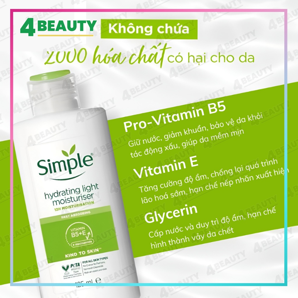 Kem Dưỡng Simple Cấp Ẩm Dành Cho Mọi Loại Da 125ml - Simple Kind To Skin Hydrating Light Moisturiser - 4beauty | BigBuy360 - bigbuy360.vn