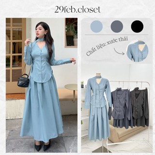 Set Áo Kiểu Dài Tay Cổ V Vạt Đuôi Tôm Có Dây Cổ Kèm Chân Váy Dài Xoè Xếp Ly Trước Nữ Tính - 29feb.closet - S245