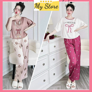 [ Croptop ] Đồ ngủ nữ Pijama lụa latin loại 1 dễ thương, đồ bộ mặc nhà tay ngắn quần dài freesize dưới 60kg MY STORE