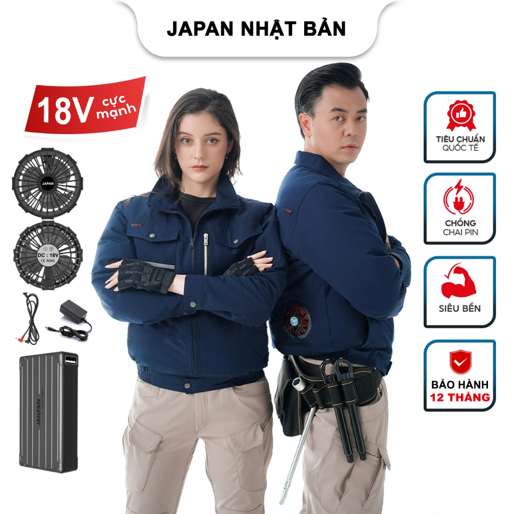 Bộ Áo Điều Hoà Nhật Bản Chính Hãng, PIN 86.000mAh, Quạt 18V Không Chổi Than Siêu Êm Chất Vải Cotton 