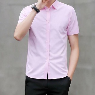 Áo sơ mi ngắn tay nam dáng Hàn Quốc màu hồng phấn vải cotton lụa chống nhăn