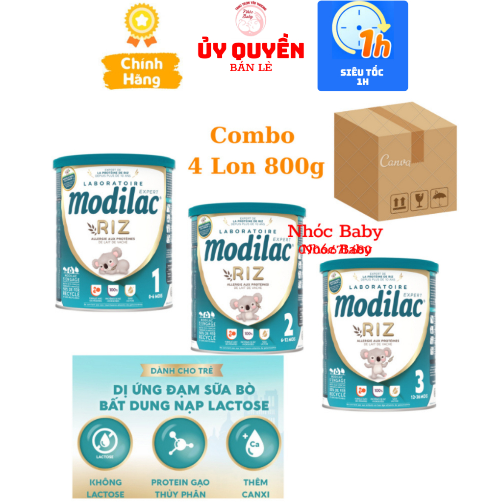 [Combo 4 Lon] Sữa Modilac Riz số 1, 2, 3 Lon 800g dành cho trẻ dị ứng đạm bò và bất nạp Lactose nhập