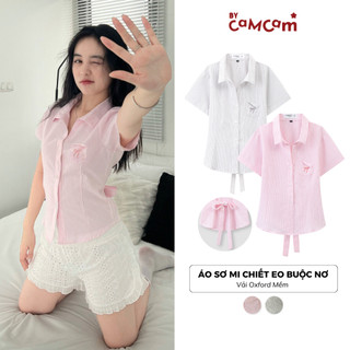 Áo sơ mi chiết eo 𝑩𝒚𝒄𝒂𝒎𝒄𝒂𝒎 buộc nơ có túi ngực dành cho nữ phong cách hàn quốc