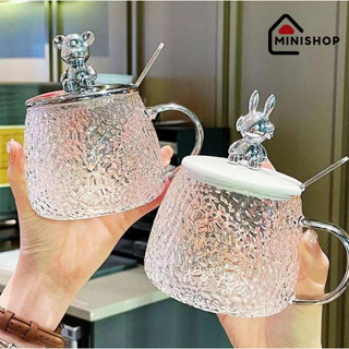  Cốc thủy tinh nắp gấu Bear dung tích 400 ml - Ly pha lê trong suốt chịu nhiệt cao cấp tặng thìa 