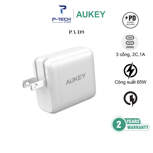 Combo bộ sạc Aukey PA-D9 và cáp sạc CB-NCC1 công nghệ GaN 65W nhỏ gọn dành cho Laptop, Macbook, Ipad