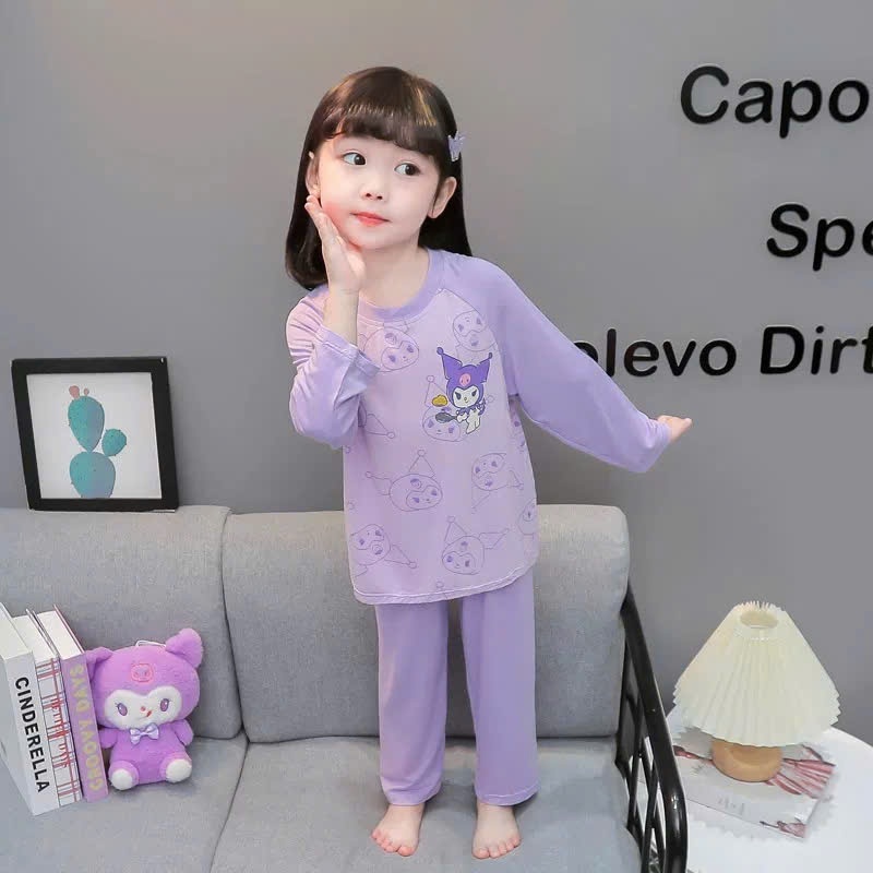 Bộ đồ ngủ dài tay bé gái Kuromi mỏng nhẹ phù hợp với mùa thu, cho bé mặc đi chơi, đi ngủ 14 - 40 kg