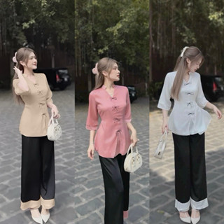 Sét bà ba thời trang nữ mặc đi lễ chùa chất liệu tuyết nhung áo cổ tàu tay lỡ nút mây xẻ nách quần dài phối lai QC🌹🌹
