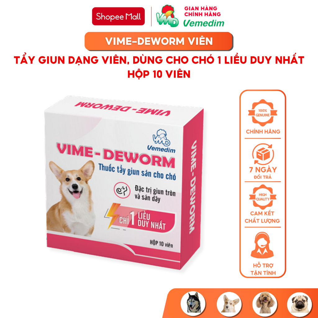 Vemedim Vime-Deworm tẩy giun sán cho chó, uống 1 liều duy nhất, hộp 10 viên