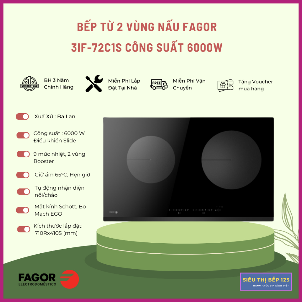 Bếp từ đôi Fagor 3IF-72C1S, Kính Schott, 6kW, Đen, 760x450mm