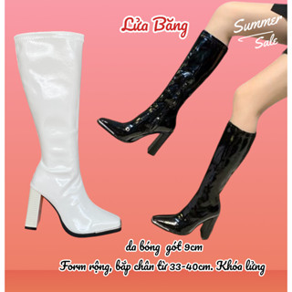 (CÓ SẴN Lùi size) Bốt Bắp To Boot đùi nữ cổ cao da bóng mũi bọc sắt gót vuông 9P khóa kéo sườn 2012F và boot da lì 7cm