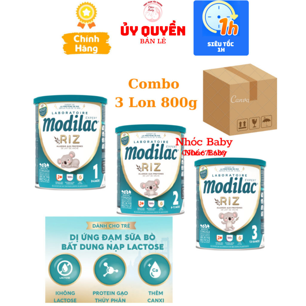 [Combo 3 Lon] Sữa Modilac Riz số 1, 2, 3 Lon 800g dành cho trẻ dị ứng đạm bò và bất nạp Lactose nhập
