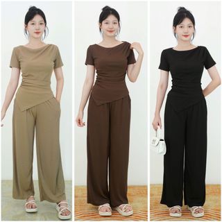 Set bộ nhún eo cổ thuyền vạt chéo kèm quần suông chất liệu thun tăm hàn S05