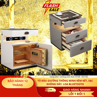 Tủ Đầu Giường Thông Minh BMB HOME Tab Đầu Giường Tích Hợp Két Sắt, Sạc Không Dây, Loa BLT Màu Xám - B081