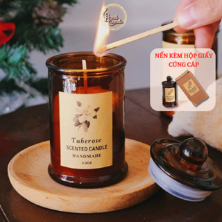 Nến thơm phòng handmade hũ thủy tinh màu nâu cao kèm nắp đậy phong cách vintage