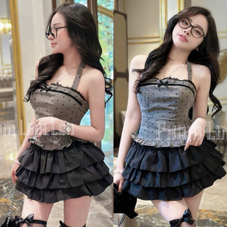 Set bộ áo yếm cúp xám chấm bi viền ren nơ croptop + chân váy tầng có lót quần
