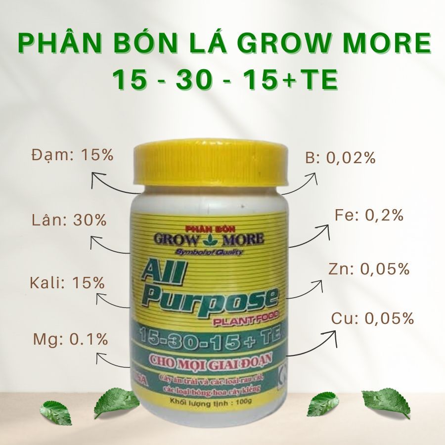 Phân bón lá Grow More 15-30-15+TE lọ 100gr -giai đoạn cây hình thành mầm chồi, nụ hoa (Vườn Sài Gòn)