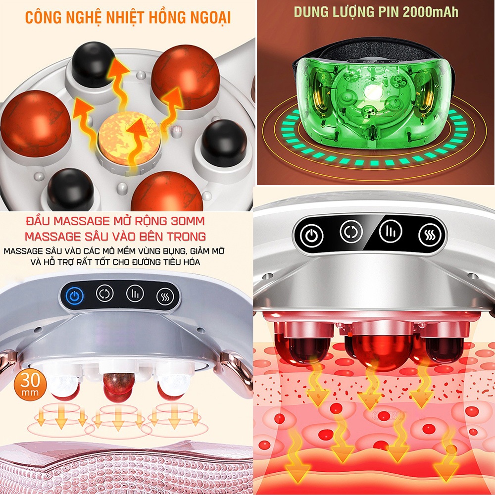 Máy Massage Bụng, Đai Massage Đánh Tan Mỡ Bụng Cao Cấp Có Đèn Hồng Ngoại Kết Hợp Bi Đá Xoay 360