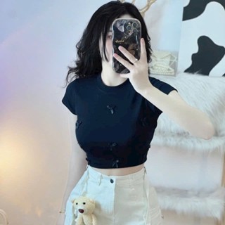 Áo Thun Croptop Nữ Tay Ngắn Đính Nhiều Nơ Chất Thun Co Dãn Ôm Body Siêu Đẹp
