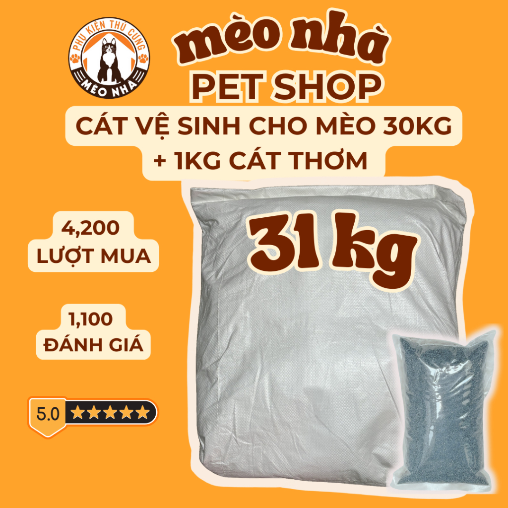 Cát vệ sinh cho mèo - Combo 1 túi 30kg không mùi + 1kg khử mùi