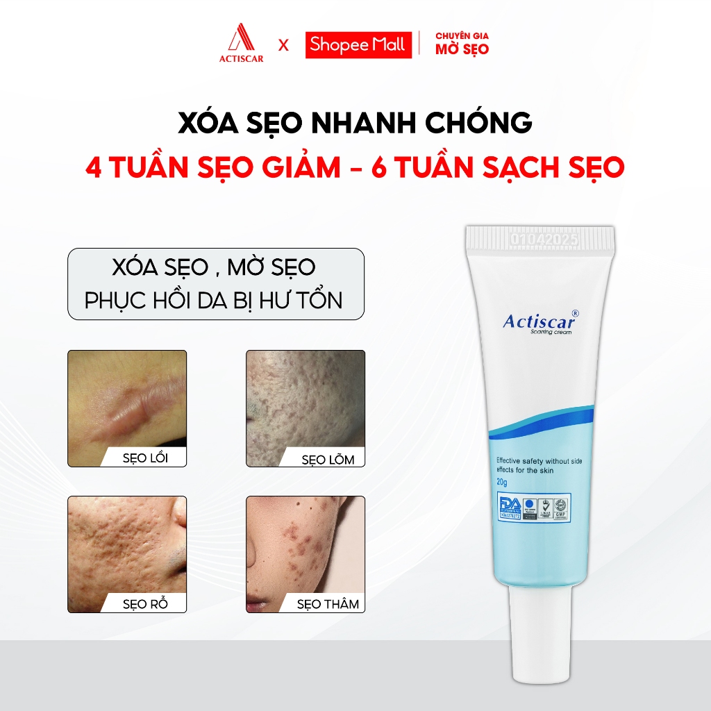 Kem Xoá Mờ Sẹo Actiscar 20g Hỗ Trợ Xóa Mờ Sẹo Lồi, Lõm, Bỏng Bô, Thủy Đậu