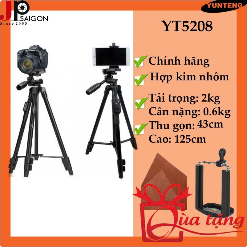 CHÂN MÁY ẢNH CHÂN ĐIỆN THOẠI YUNTENG YT-5208 + QUÀ TẶNG