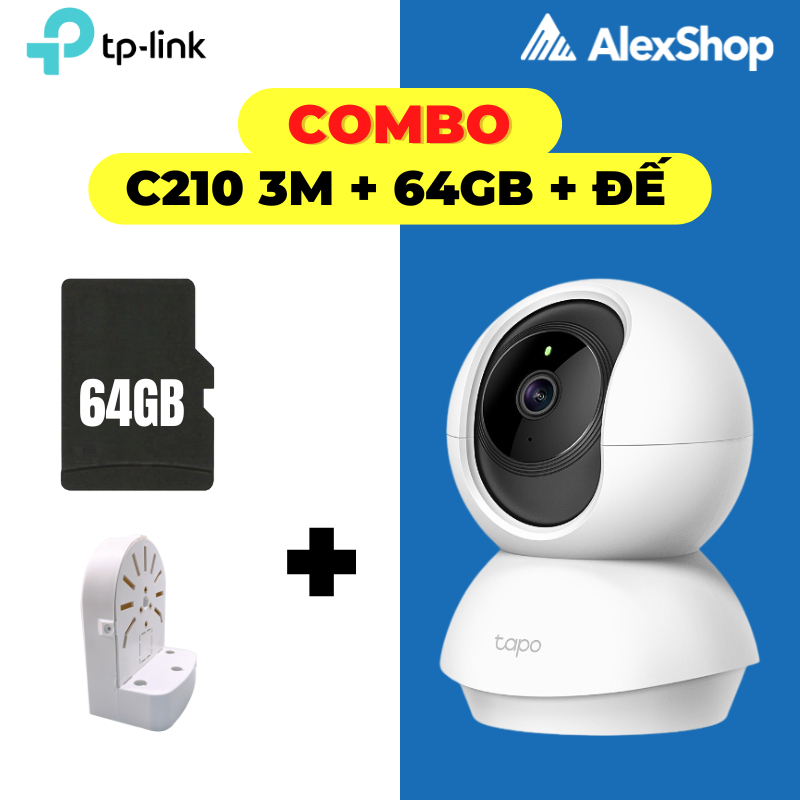[COMBO-3M] Camera Tapo C210 (3M) Wifi Xoay 360 Độ + Thẻ 64G + Đế Chữ L Khoen Đồng-Camera Trong Nhà T