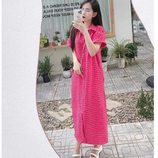 Váy sơ mi váy suông nữ đầm suông sơ mi form rộng họa tiết kẻ caro hồng hottrend