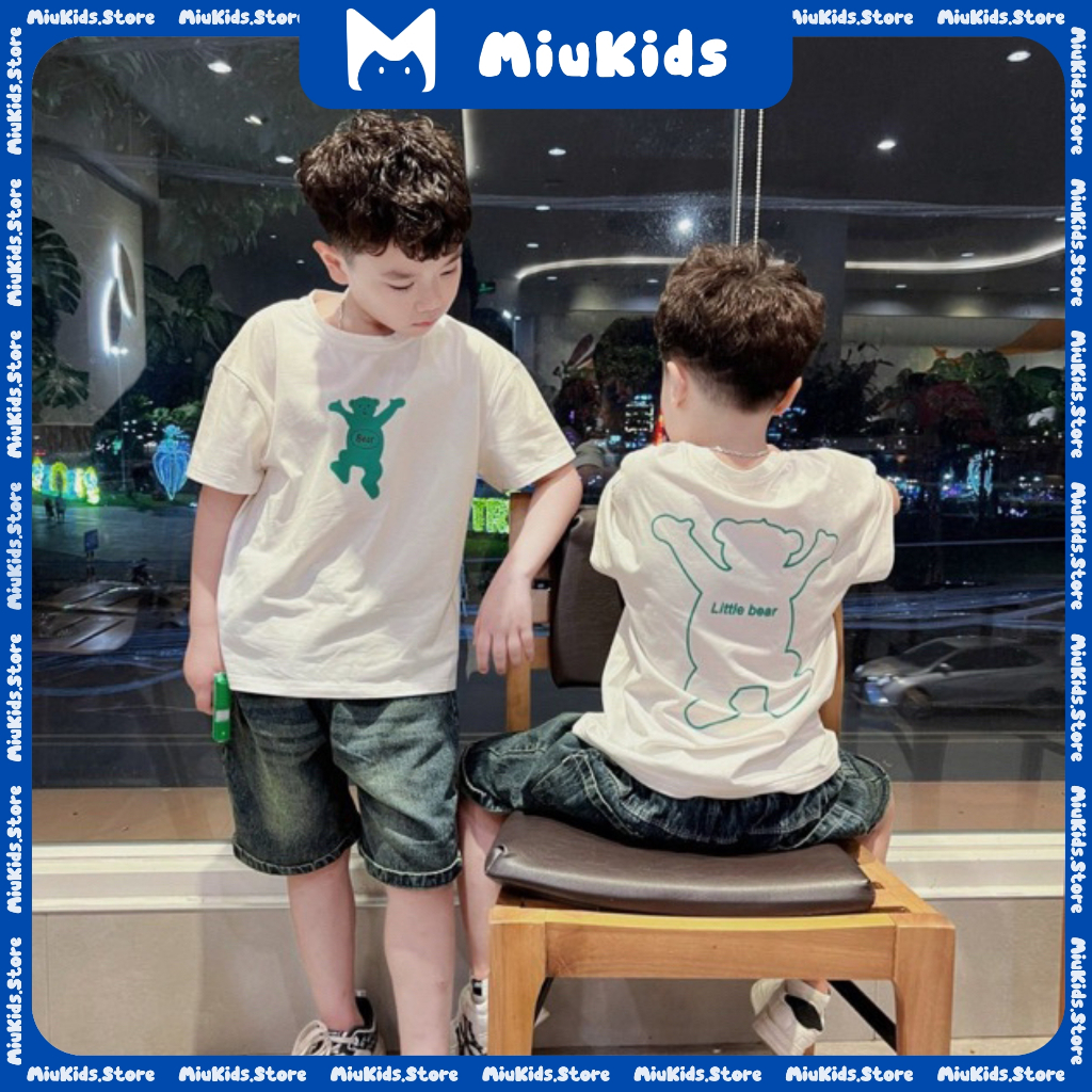 Set bộ Quần áo trẻ em Áo phông gấu + quần bò mài cho bé trai và bé gái size 15kg-35kg