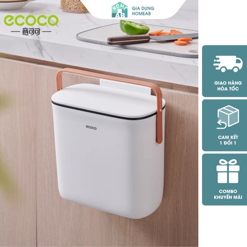 Thùng Rác Nhà Bếp ECOCO 10L Treo Tường Có Nắp, Tay Xách| Thùng Đựng Rác Nhà Vệ Sinh Chống Mùi, Chống
