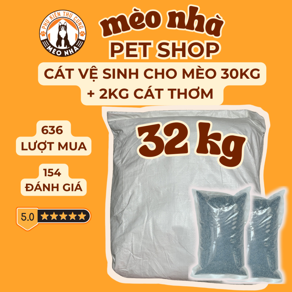 Cát vệ sinh cho mèo Combo Bao xá 30kg + 2kg hạt khử mùi