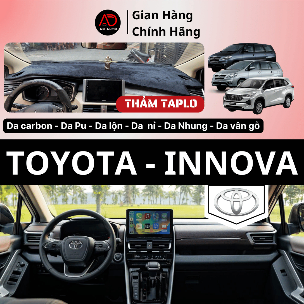 Thảm taplo TOYOTA INNOVA, thảm phủ taplo chất liệu da carbon, da lộn, nhung, da vân gỗ, da nỉ bảo vệ taplo, AD AUTO