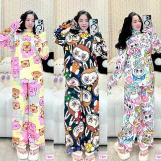 Đồ bộ ủ kem cổ lọ thun gân tăm lạnh cao cấp in em bé labubu, tay dài xỏ ngón, đồ mặc nhà, set ủ kem