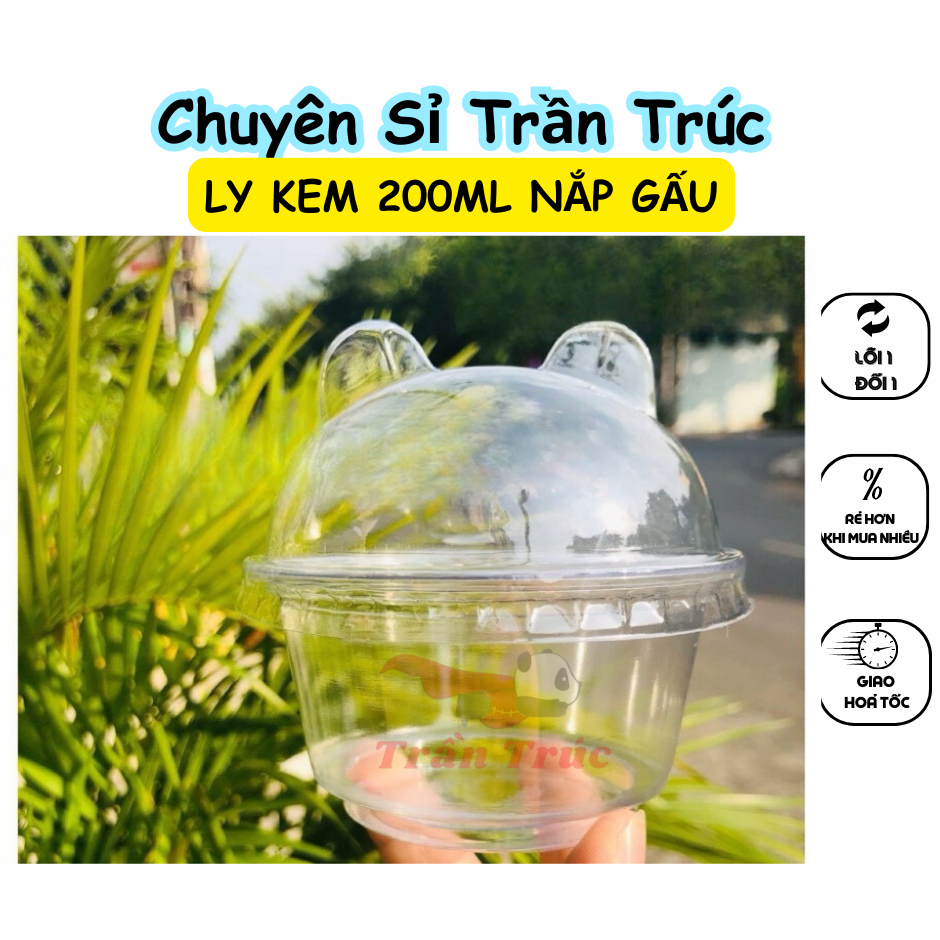 Combo 50 Ly Kem 200Ml Nắp Tai Gấu, Ly Kèm Nắp Gấu, Ly Nhựa Đựng Kem