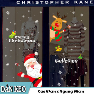 Decal Trang Trí Noel Hai Mặt Hít Tĩnh Điện Không Dơ Kính- Ông già Noel và Tuần Lộc Nâu Chào Lễ