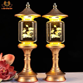 [HÀNG SẴN] CẶP 2 CÂY ĐÈN LED HOA SEN PHA LÊ THỜ CÚNG TRANG TRÍ CAO CẤP