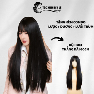 Tóc giả dệt kim thẳng dài 60cm, Mã MK007 làm từ sợi tơ nhân tạo cao cấp (Tặng lưới + lược + dưỡng)