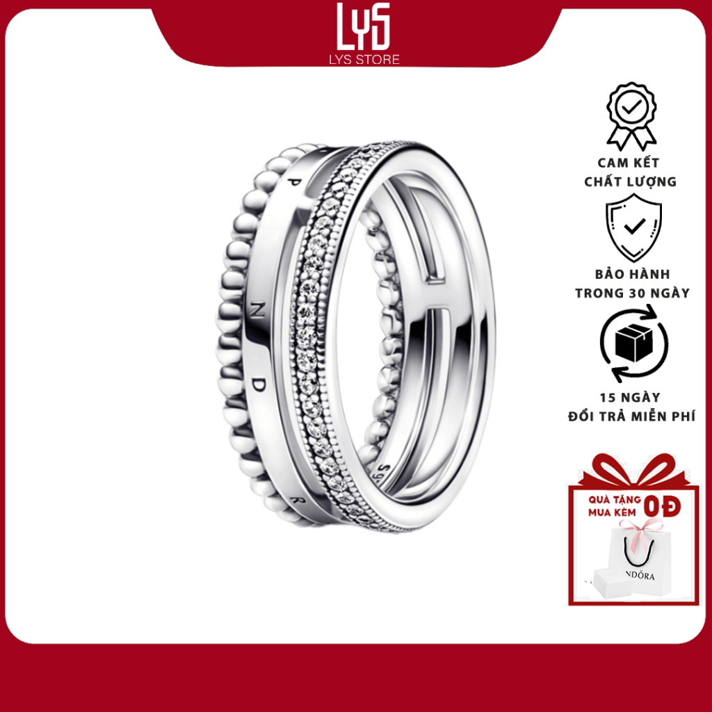 Nhẫn bạc nữ Lys Signature Logo Pavé & Beads Ring 8073SV Fullbox  - Nhẫn Bạc Nữ Bạc S925