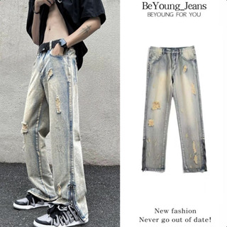 quần jean nam ống đứng cạp cao quần jean nam  rách gối ngắn Xẻ Gấu Khóa Kéo Phong Cách boy phố cổ điển Mỹ slim jean bò